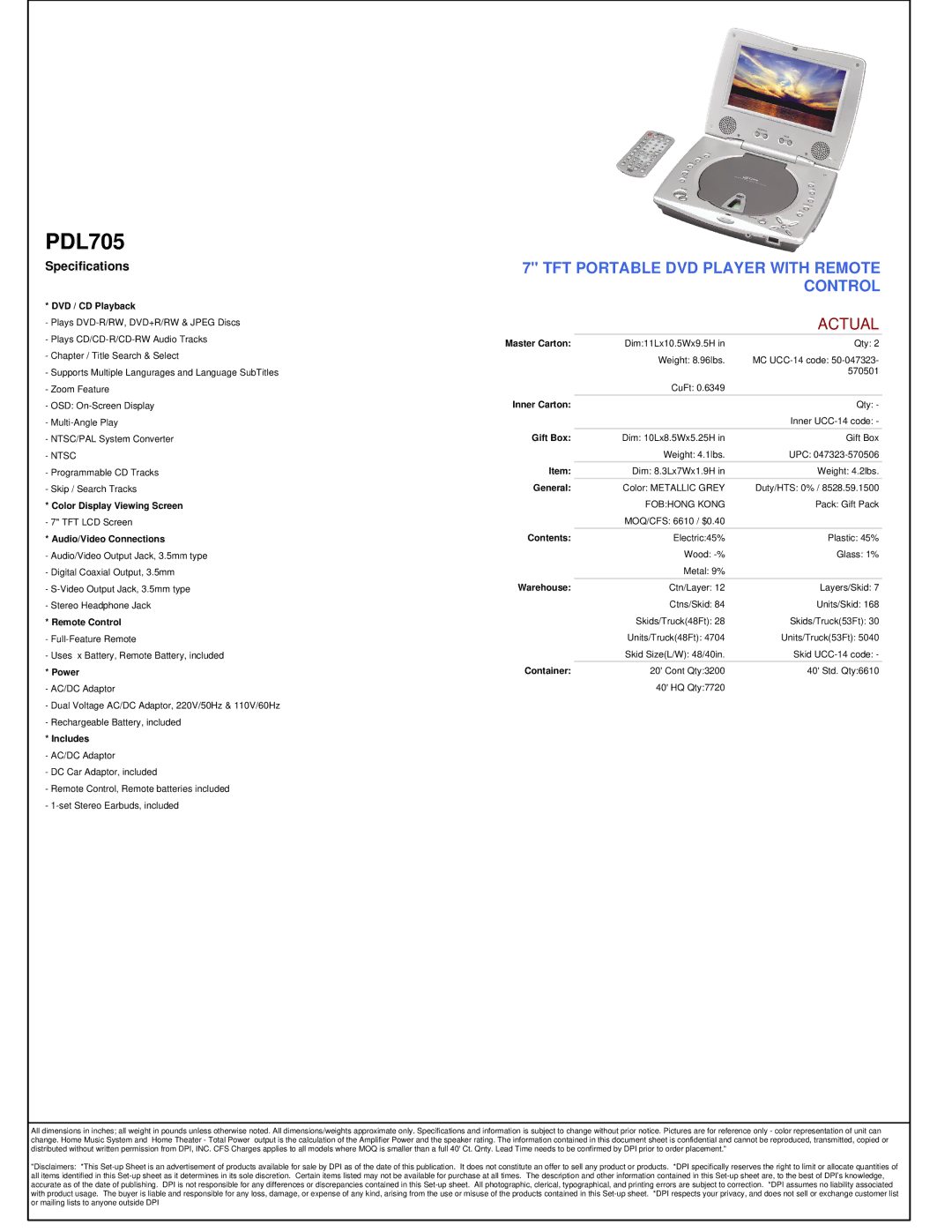 GPX PDL705 manual DVD / CD Playback, Color Display Viewing Screen, Audio/Video Connections, Remote Control, Power, Includes 