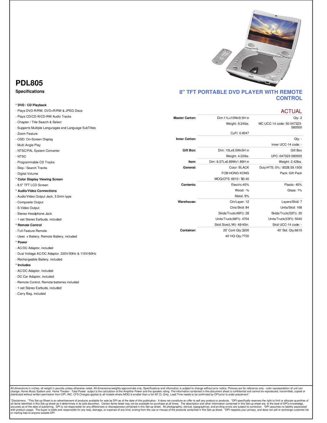 GPX PDL805 manual DVD / CD Playback, Color Display Viewing Screen, Audio/Video Connections, Remote Control, Power, Includes 