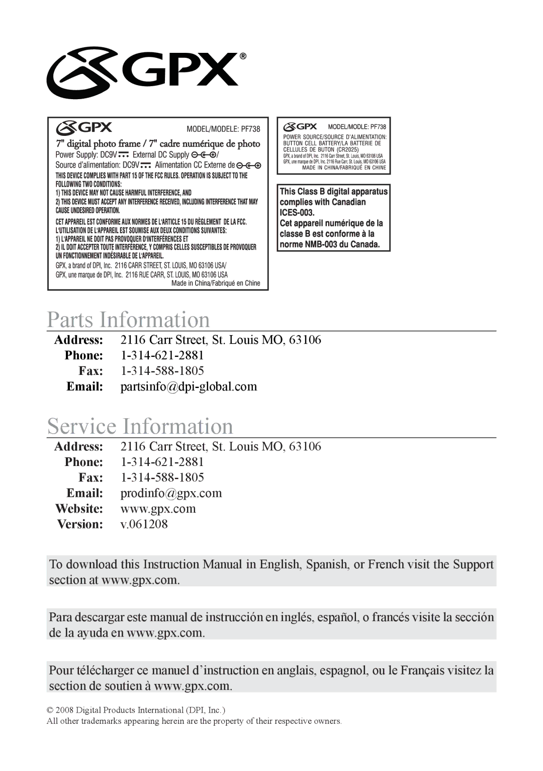 GPX PF 738 important safety instructions Parts Information, Service Information, Version 