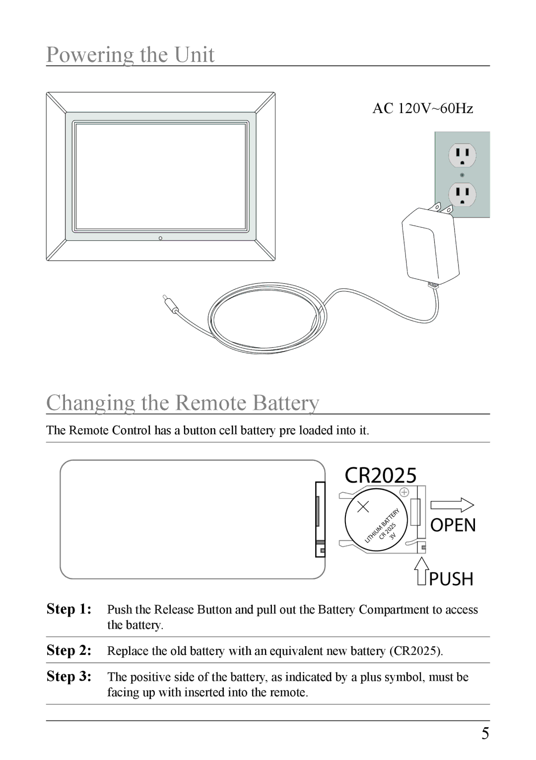 GPX PF 738 important safety instructions Powering the Unit, Changing the Remote Battery 