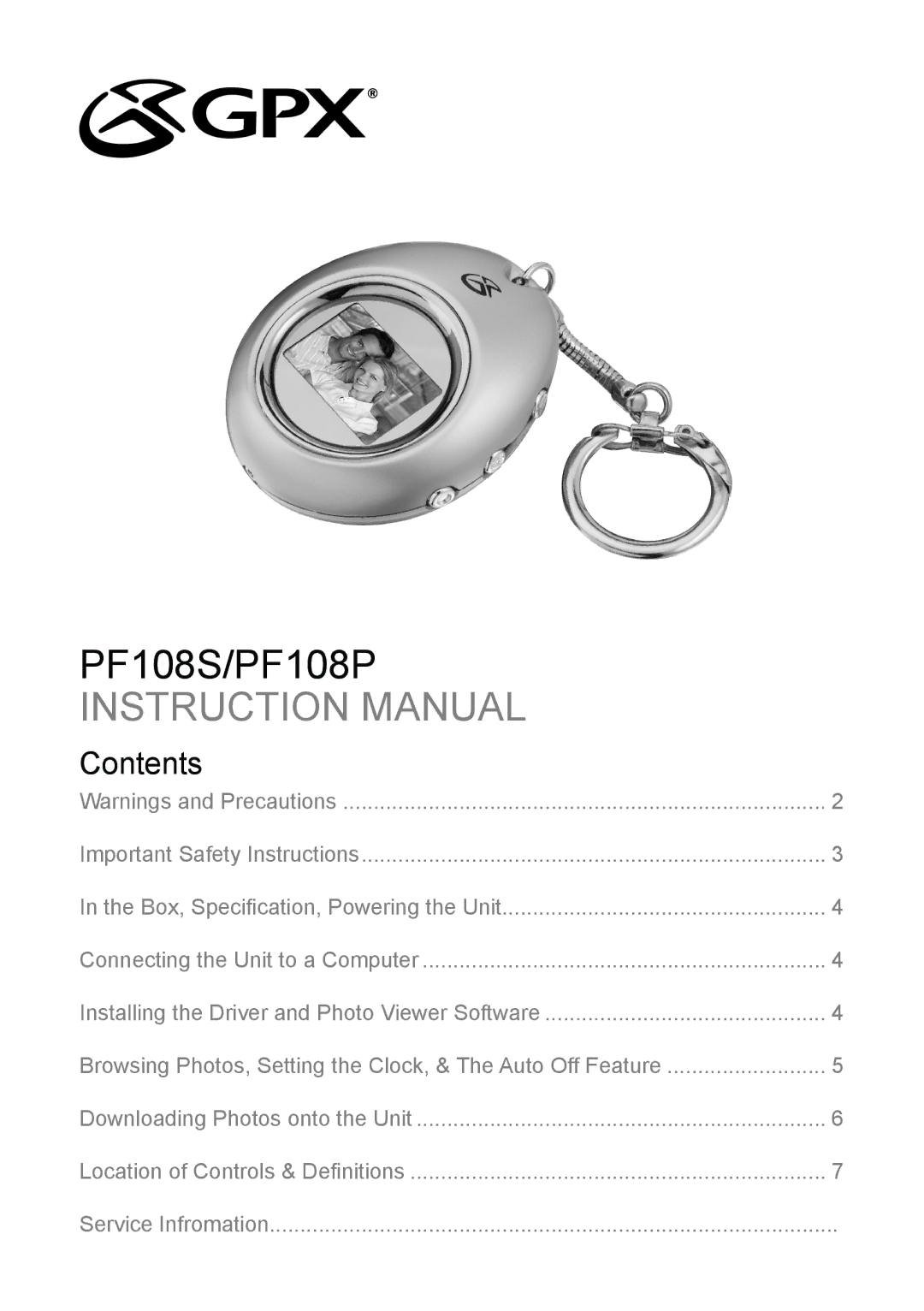 GPX instruction manual PF108S/PF108P, Contents 