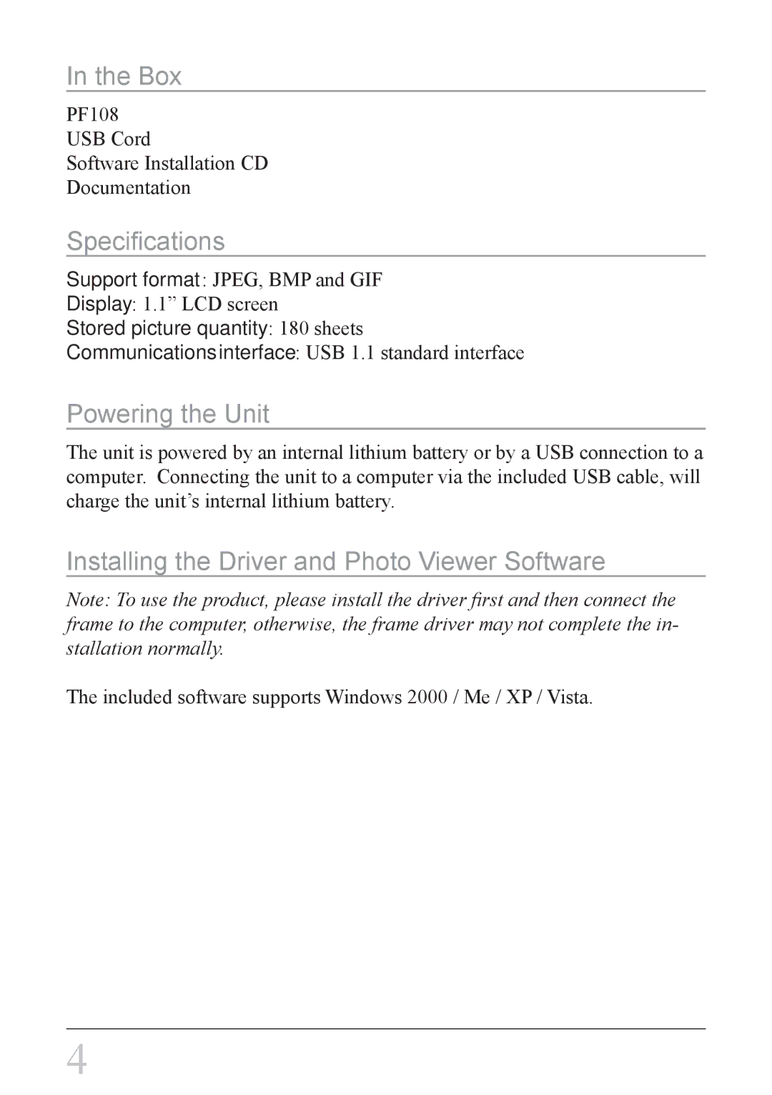 GPX PF108S, PF108P Box, Specifications, Powering the Unit, Installing the Driver and Photo Viewer Software 