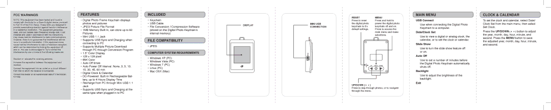 GPX PF150B manual Features, Included, File Compatibility, Main Menu, Clock & Calendar 