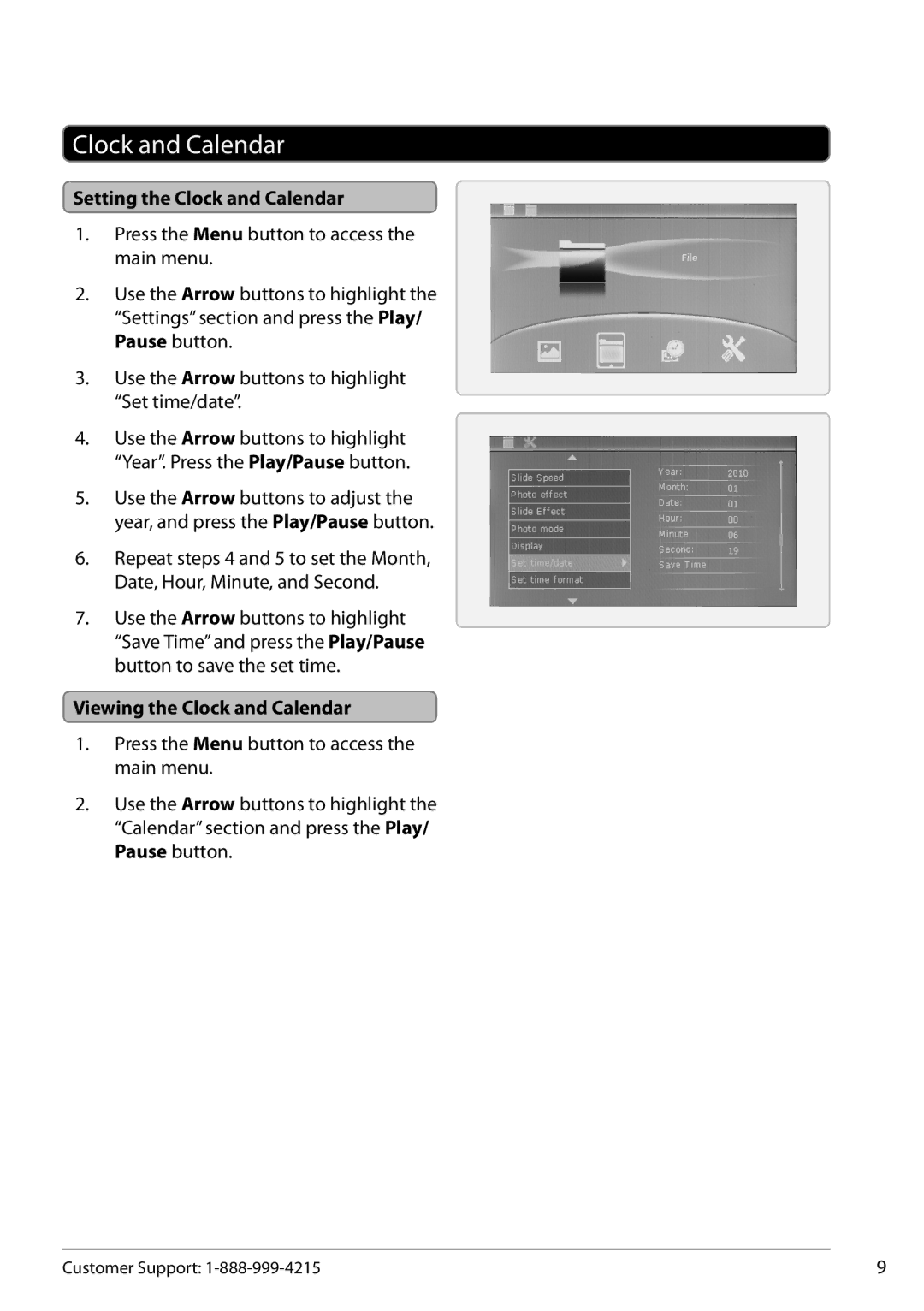 GPX PF701 manual Setting the Clock and Calendar, Viewing the Clock and Calendar 