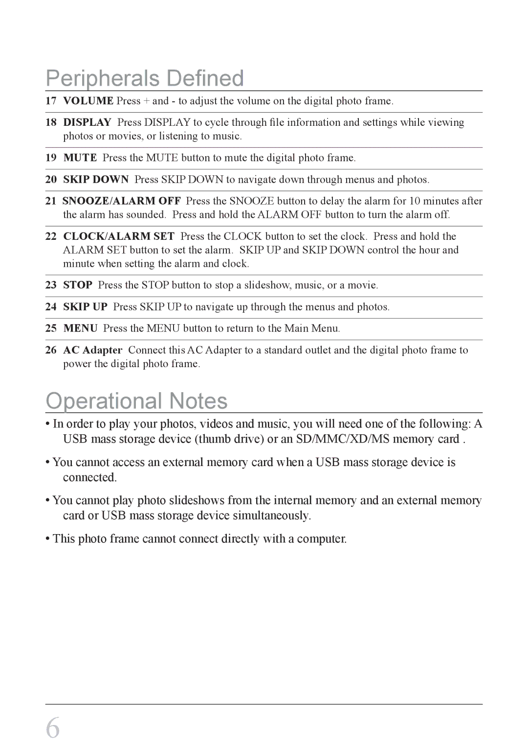 GPX PF707 instruction manual Peripherals Defined, Operational Notes 