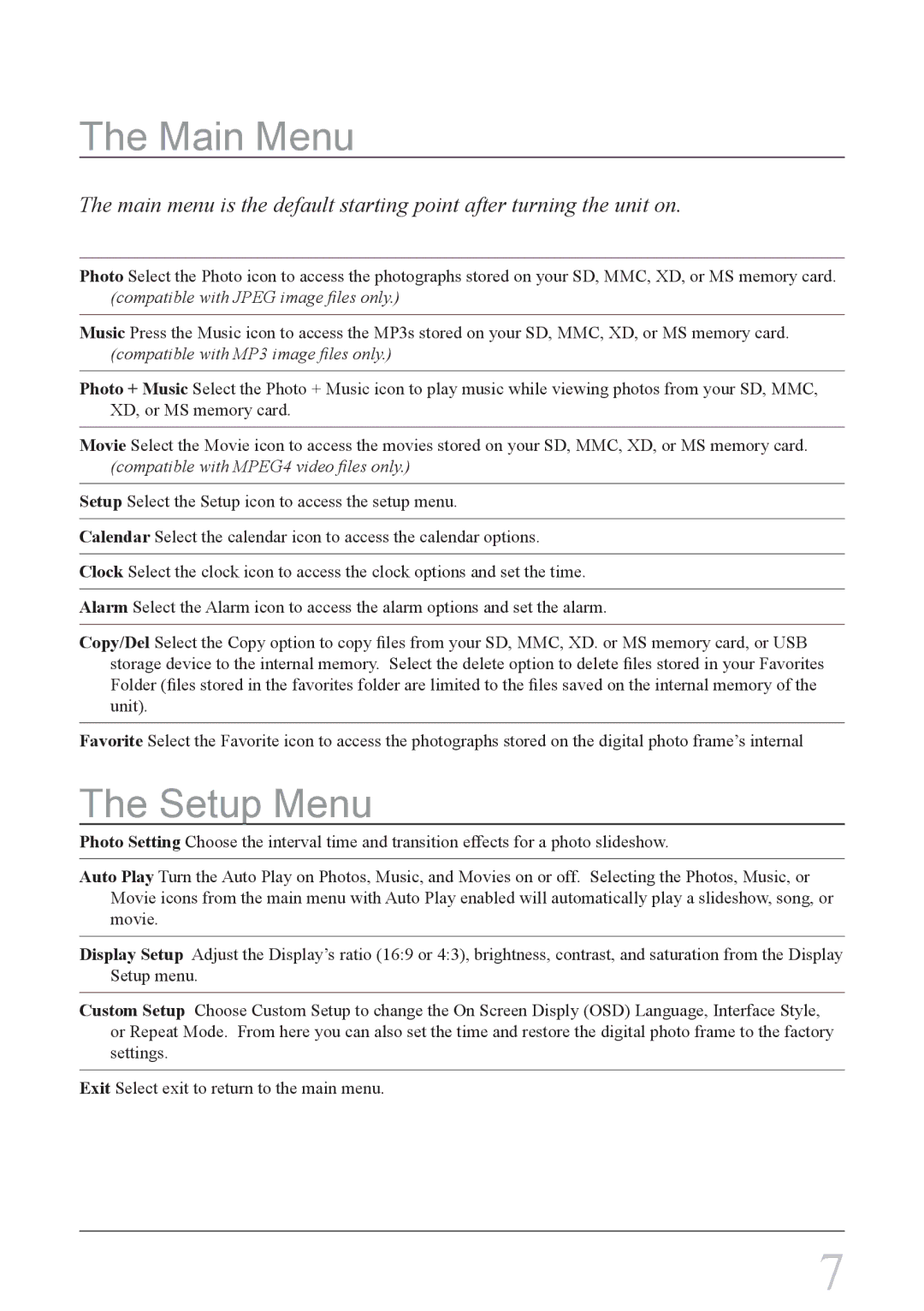 GPX PF707 instruction manual Main Menu, Setup Menu 