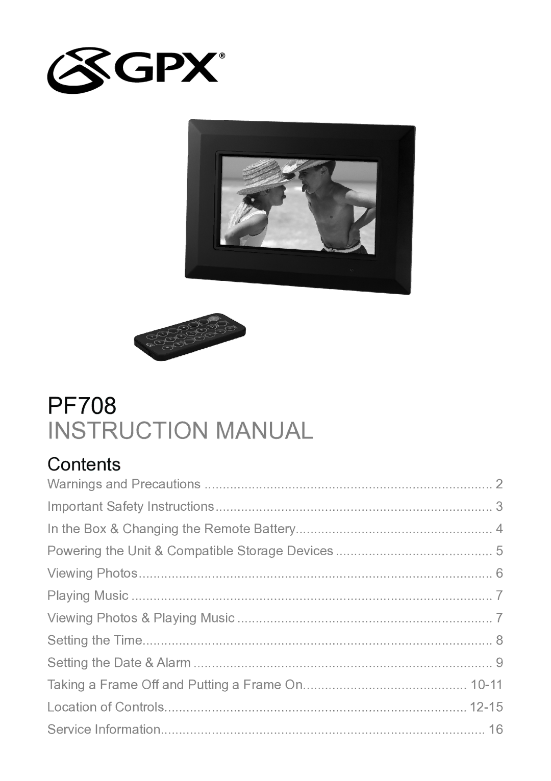 GPX PF708 instruction manual Contents 