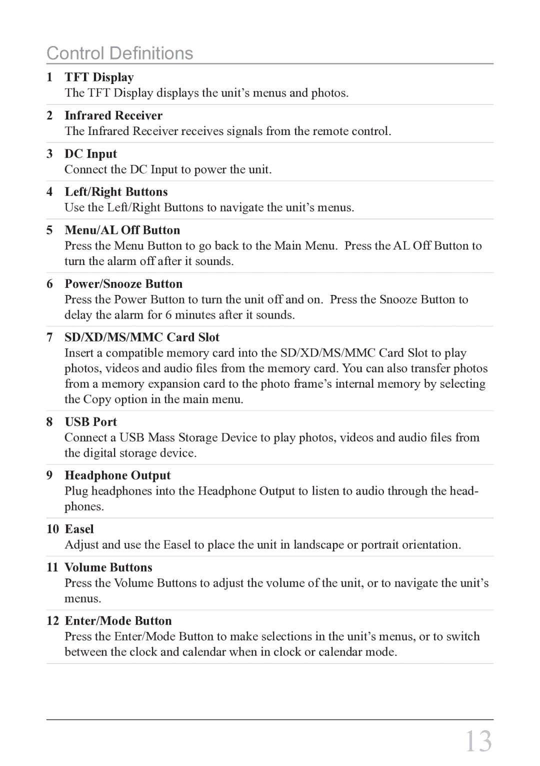 GPX PF708 instruction manual Control Definitions, Menu/AL Off Button 