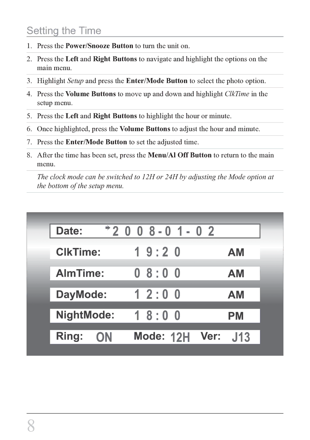 GPX PF708 instruction manual Setting the Time 