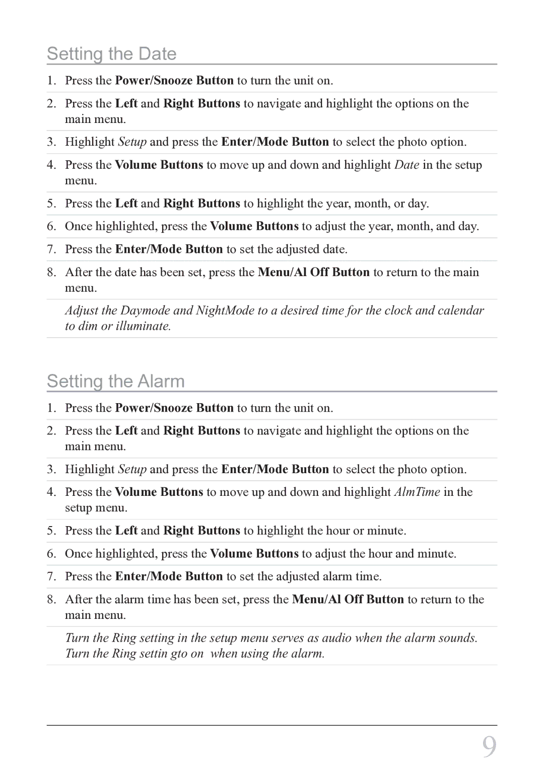 GPX PF708 instruction manual Setting the Date, Setting the Alarm 