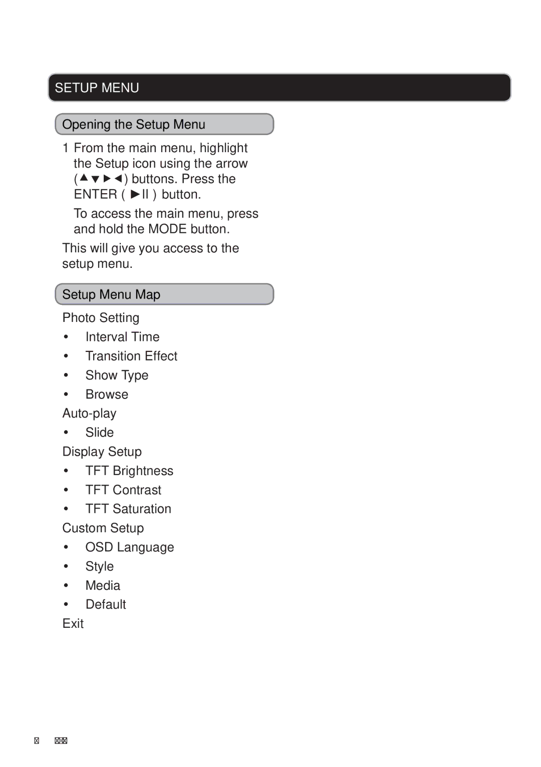 GPX PF719 manual Opening the Setup Menu, Setup Menu Map Photo Setting, Auto-play, Display Setup, Custom Setup, Exit 