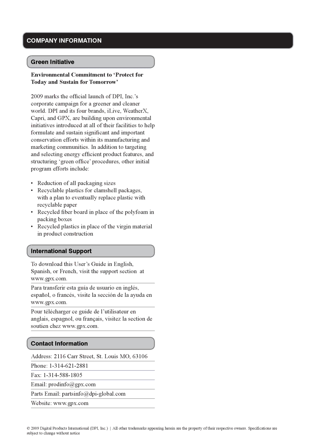 GPX PF719 manual Company Information 