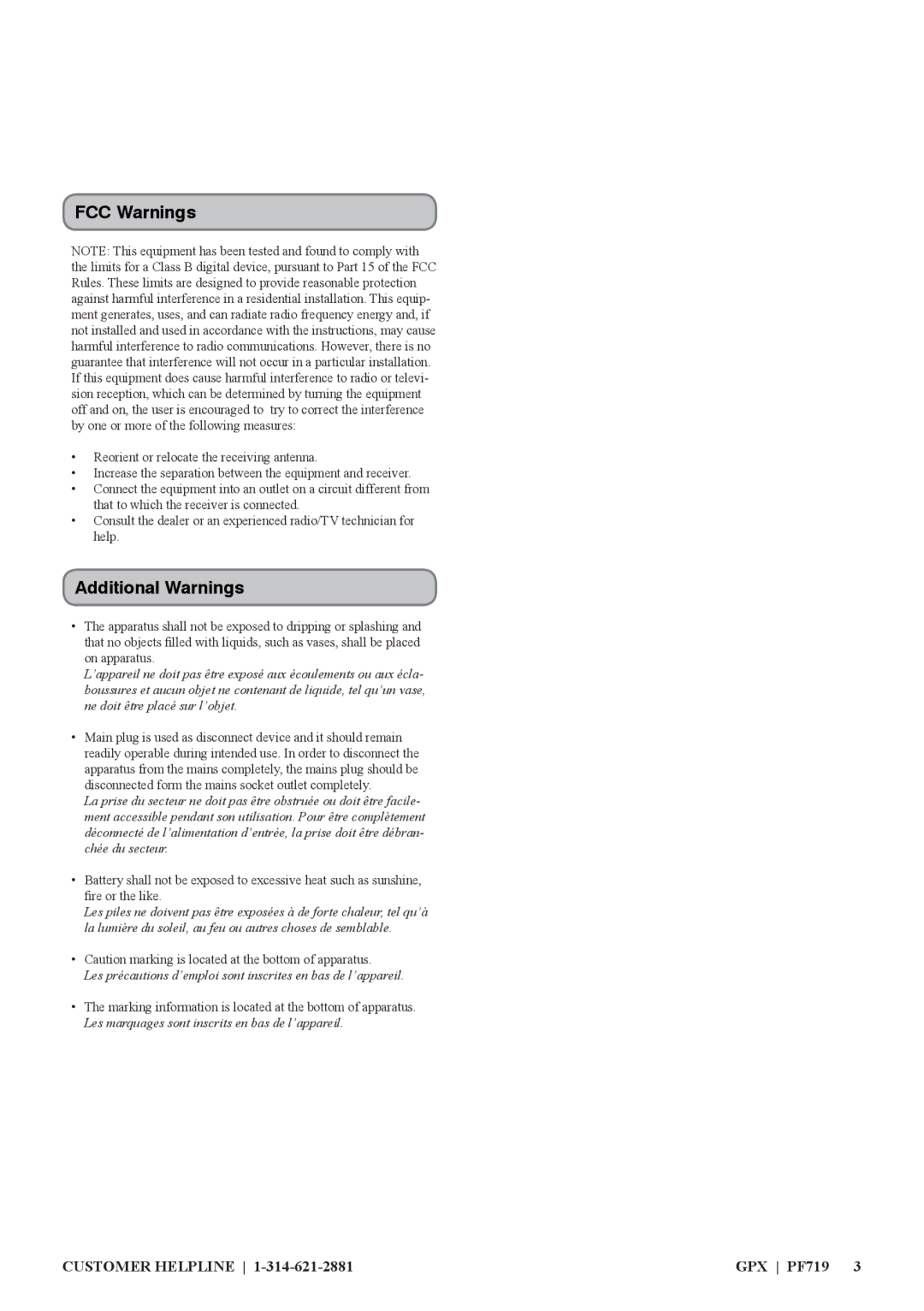 GPX PF719 manual FCC Warnings 