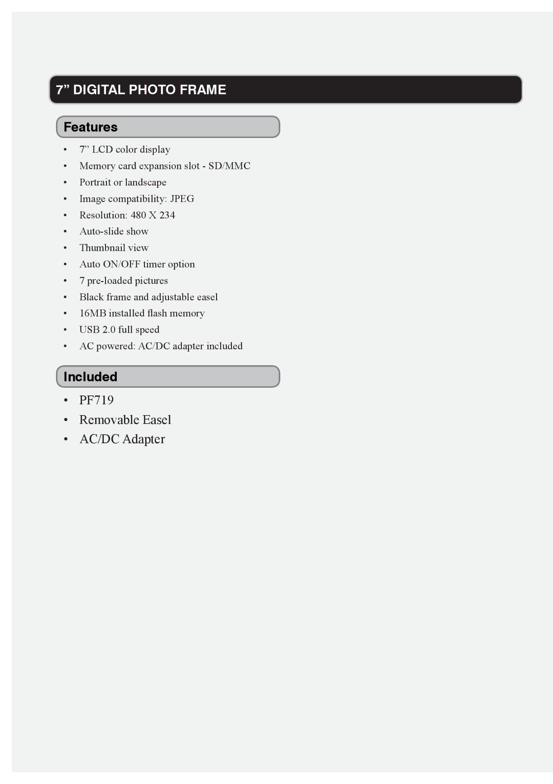 GPX PF719 manual Features, Included 