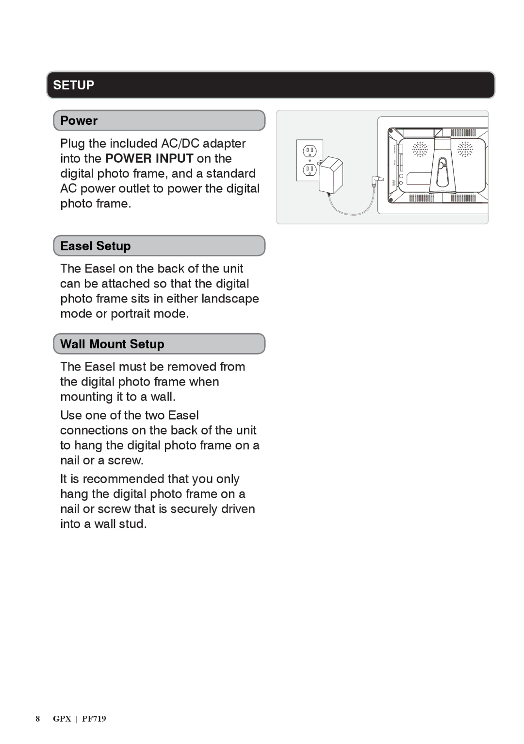 GPX PF719 manual Power, Easel Setup, Wall Mount Setup 