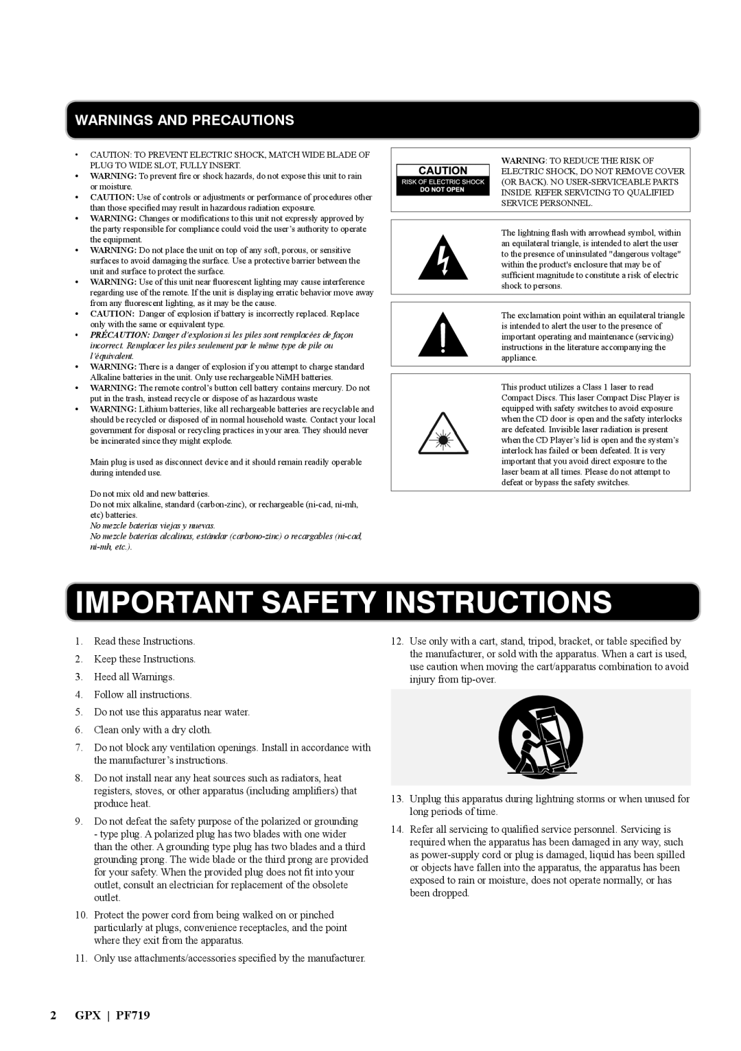 GPX manual Important Safety Instructions, Warnings And Precautions, GPX PF719 