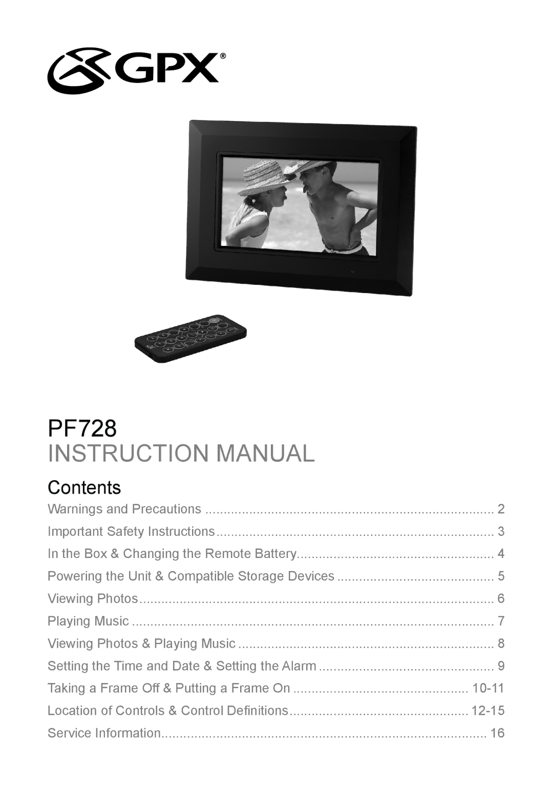 GPX PF728 instruction manual Contents 