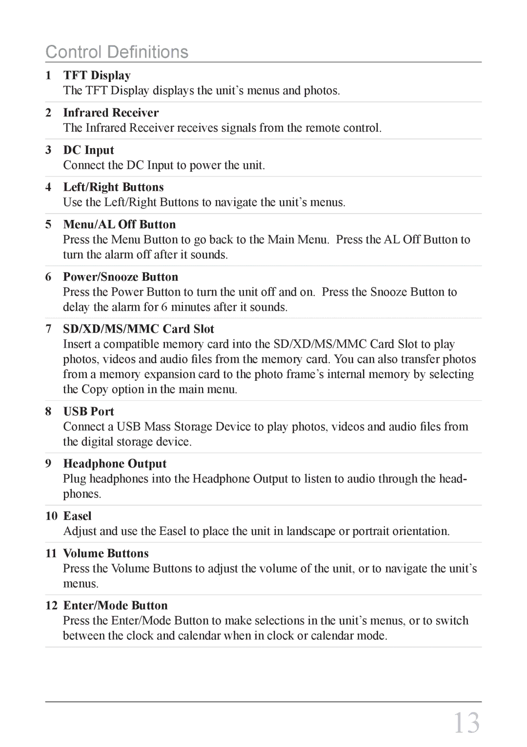 GPX PF728 instruction manual Control Definitions, Menu/AL Off Button 