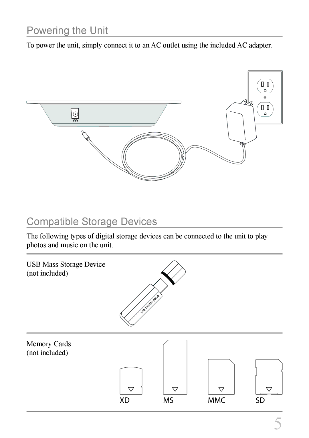 GPX PF728 instruction manual Powering the Unit, Compatible Storage Devices 