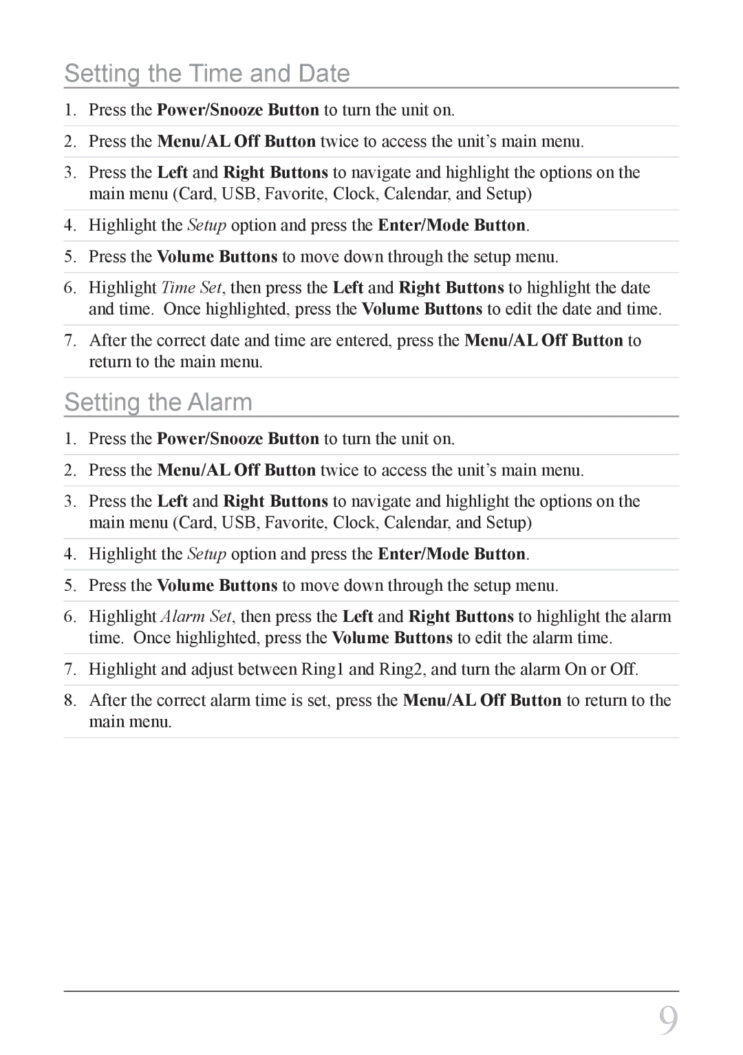 GPX PF728 instruction manual Setting the Time and Date, Setting the Alarm 