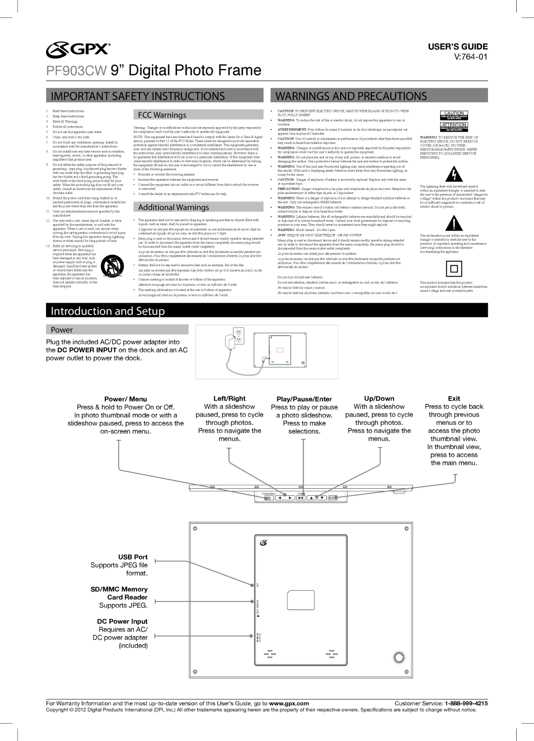 GPX PF903CW important safety instructions Introduction and Setup, V764-01, FCC Warnings, Additional Warnings, Power 