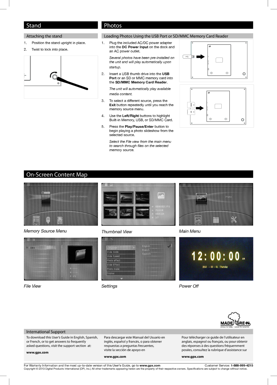 GPX PF903CW important safety instructions Stand, Photos, On-Screen Content Map, Attaching the stand, International Support 