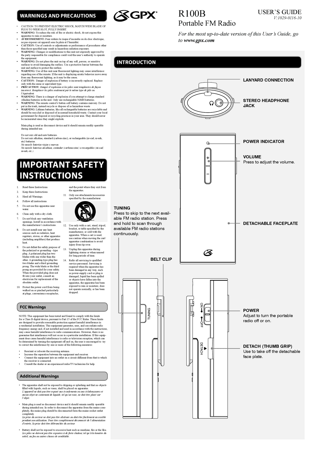 GPX R100B important safety instructions Introduction, Tuning, Belt Clip Detachable Faceplate, Power 