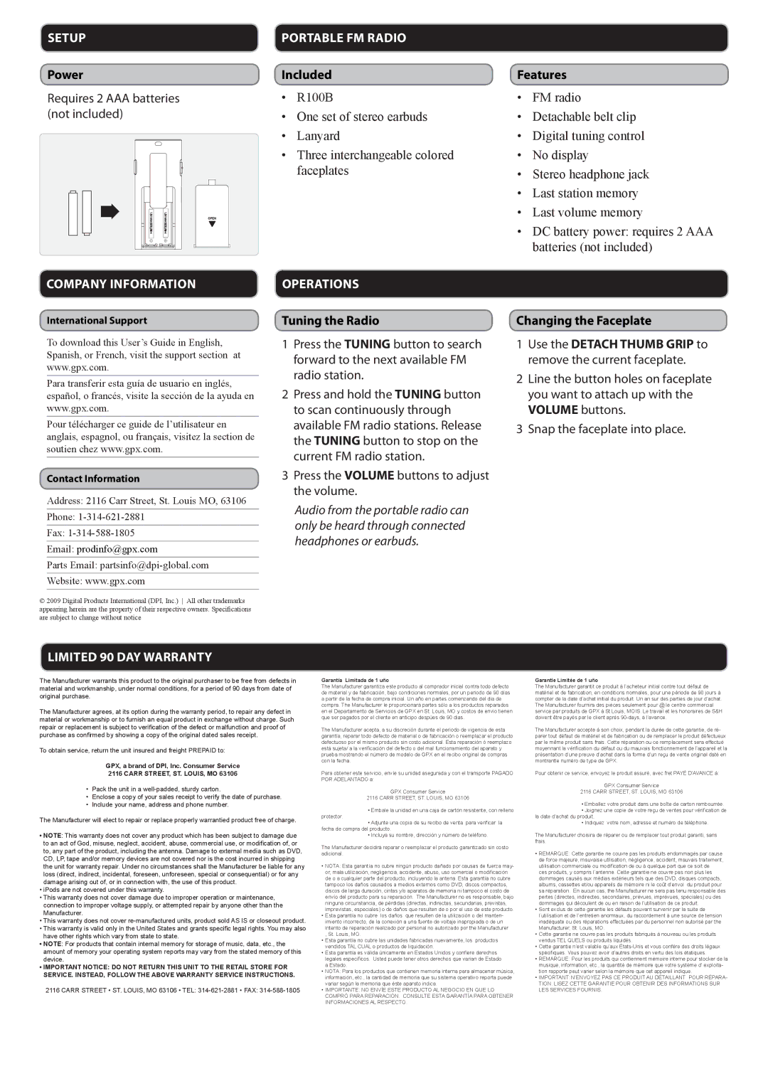 GPX R100B important safety instructions Setup, Portable FM Radio, Company Information, Operations, Limited 90 DAY Warranty 