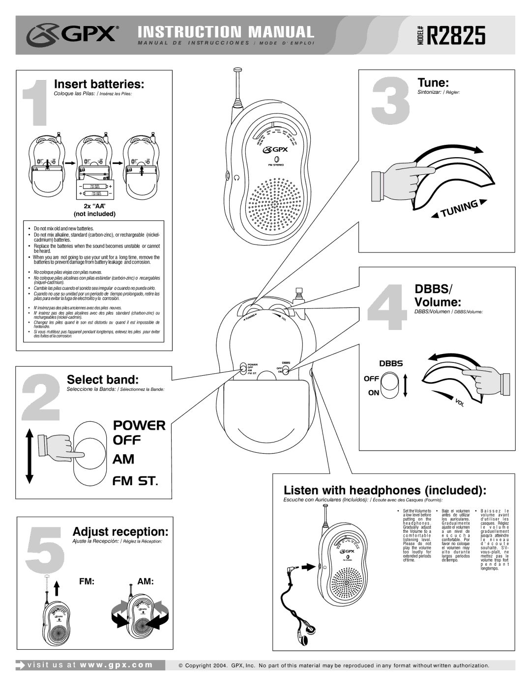 GPX R2825 instruction manual Insert batteries, Select band, Tune, Volume, Listen with headphones included 