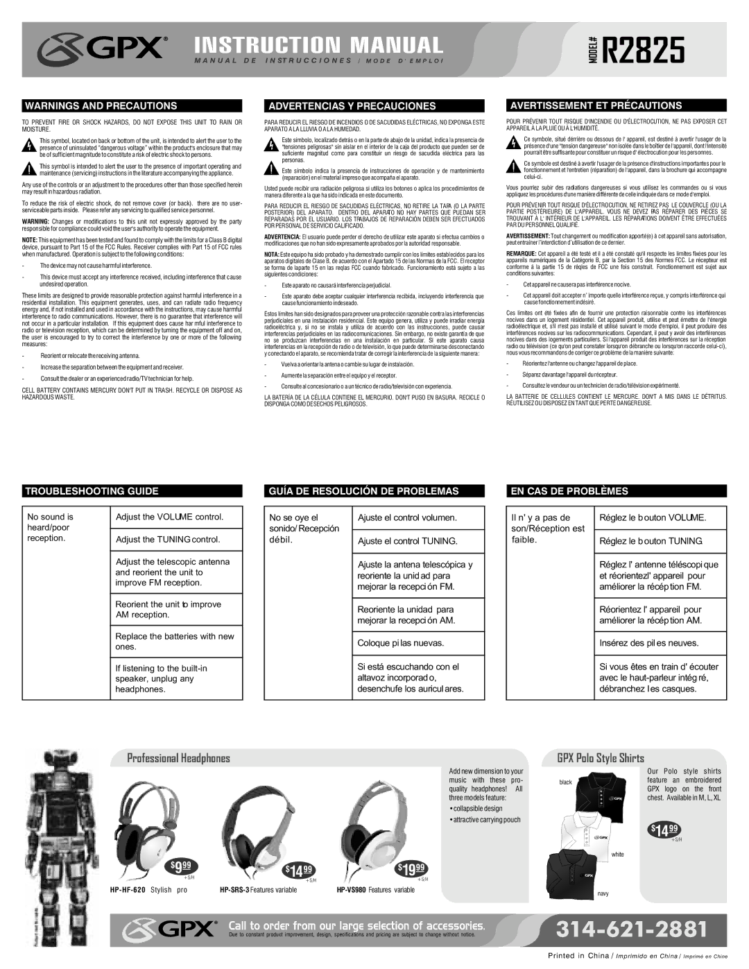 GPX R2825 instruction manual Professional Headphones 