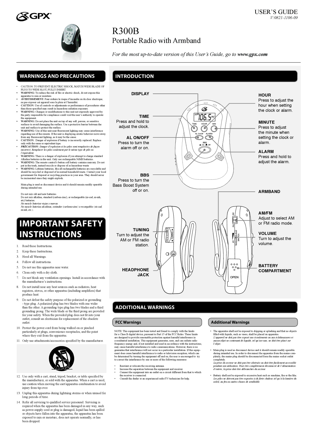 GPX R300B important safety instructions Introduction, Additional Warnings 