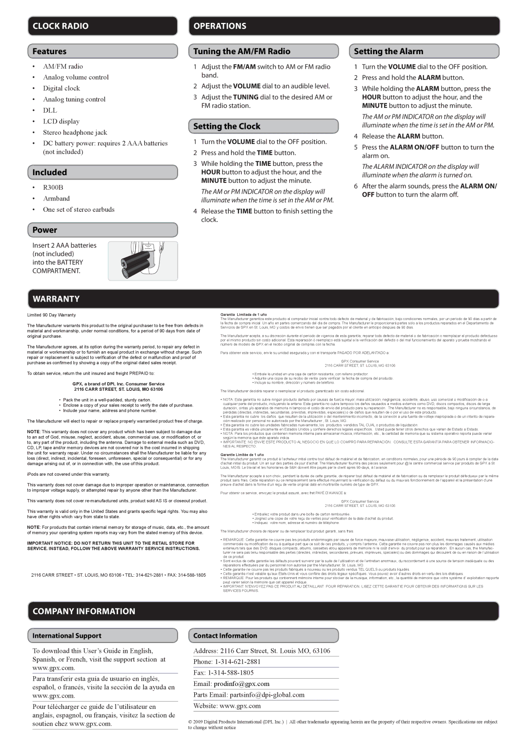 GPX R300B important safety instructions Clock Radio, Operations, Warranty, Company Information 