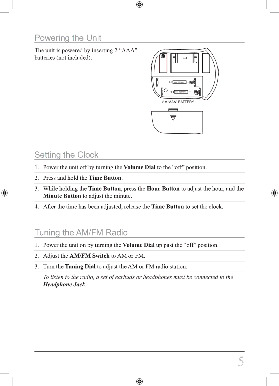 GPX R308B instruction manual Powering the Unit, Setting the Clock, Tuning the AM/FM Radio 