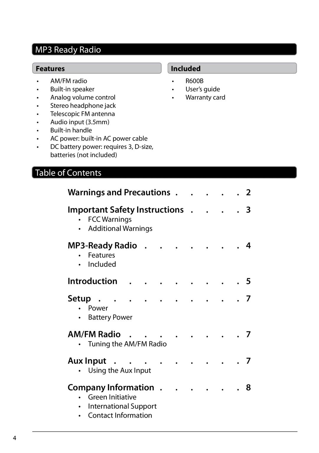 GPX R600B, 1031-0623-10 manual Table of Contents 