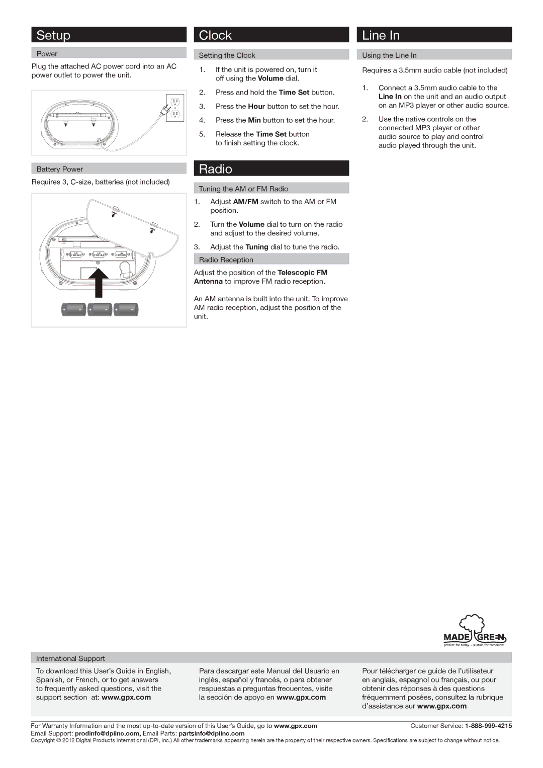 GPX R602B important safety instructions Setup, Clock, Radio, Line 