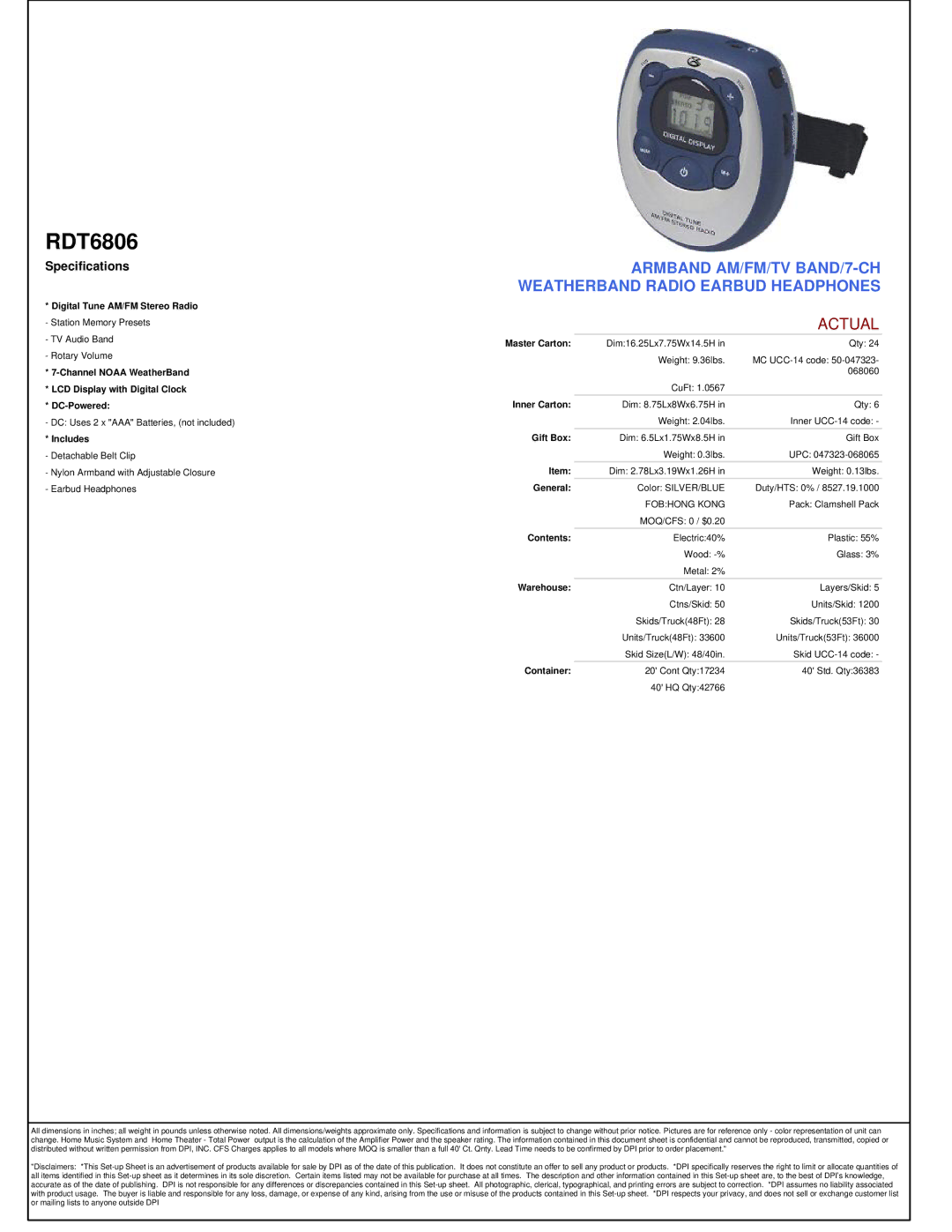 GPX RDT6806 manual Actual, Specifications 