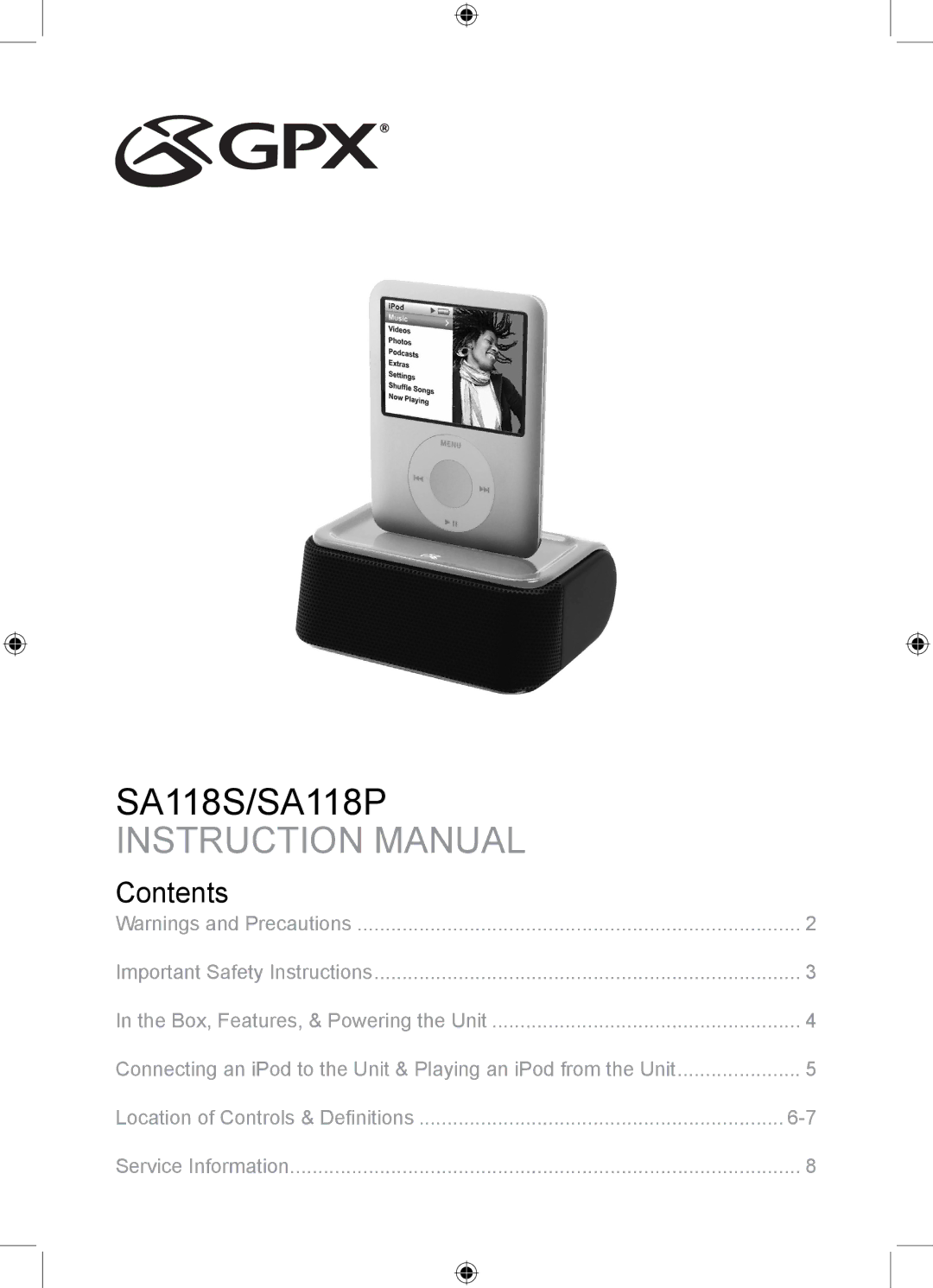 GPX instruction manual SA118S/SA118P, Contents 