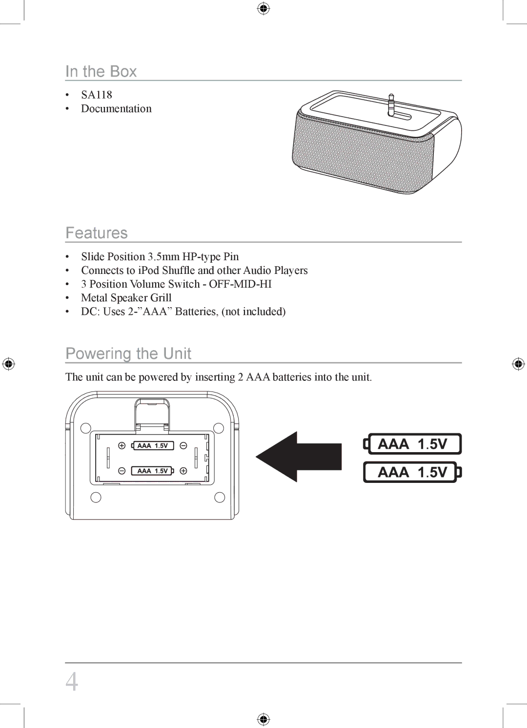 GPX SA118P, SA118S instruction manual Box, Features, Powering the Unit 