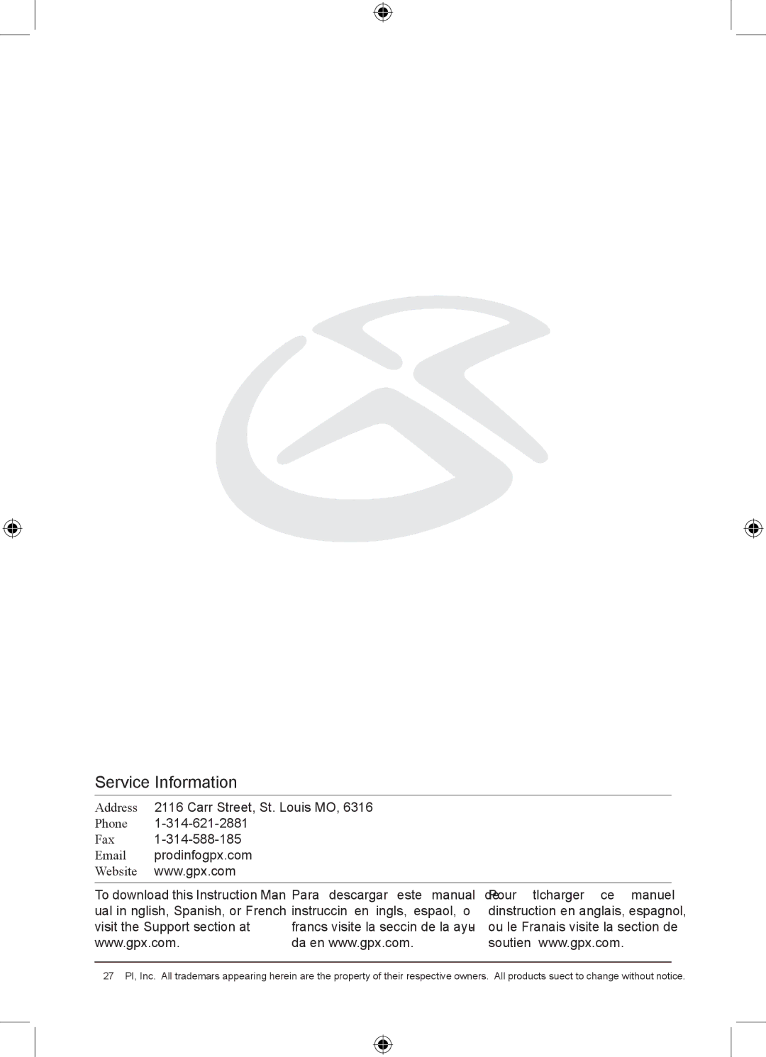 GPX SA118P, SA118S instruction manual Service Information 