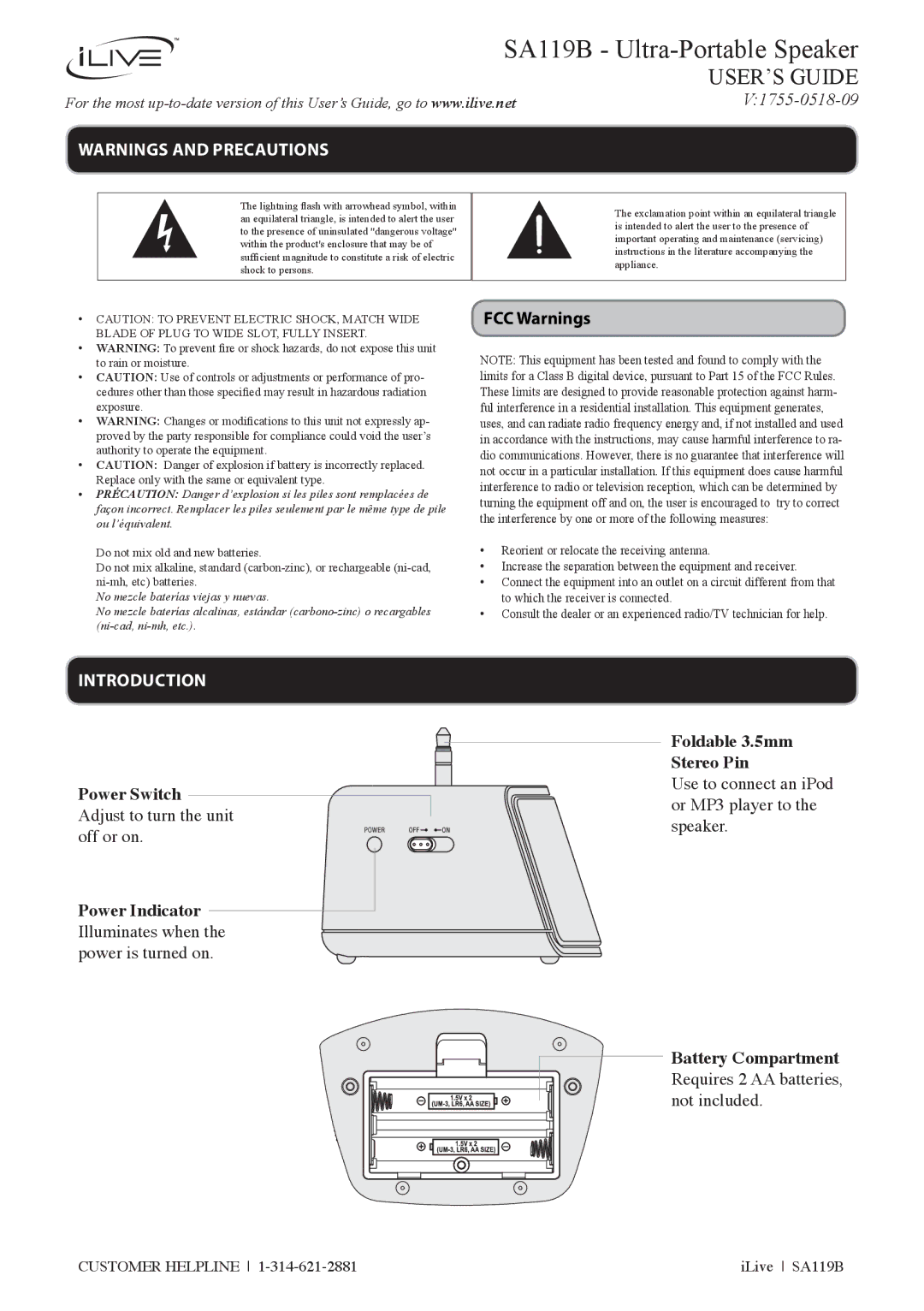 GPX SA119B manual FCC Warnings, Introduction, Power Switch Adjust to turn the unit off or on, Foldable 3.5mm Stereo Pin 