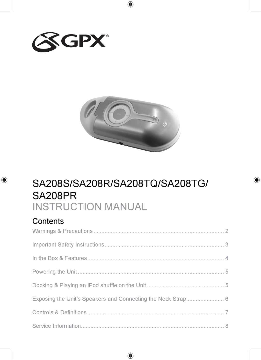 GPX SA208TQ, SA208S, SA208R, SA208TG important safety instructions SA208PR, Contents 