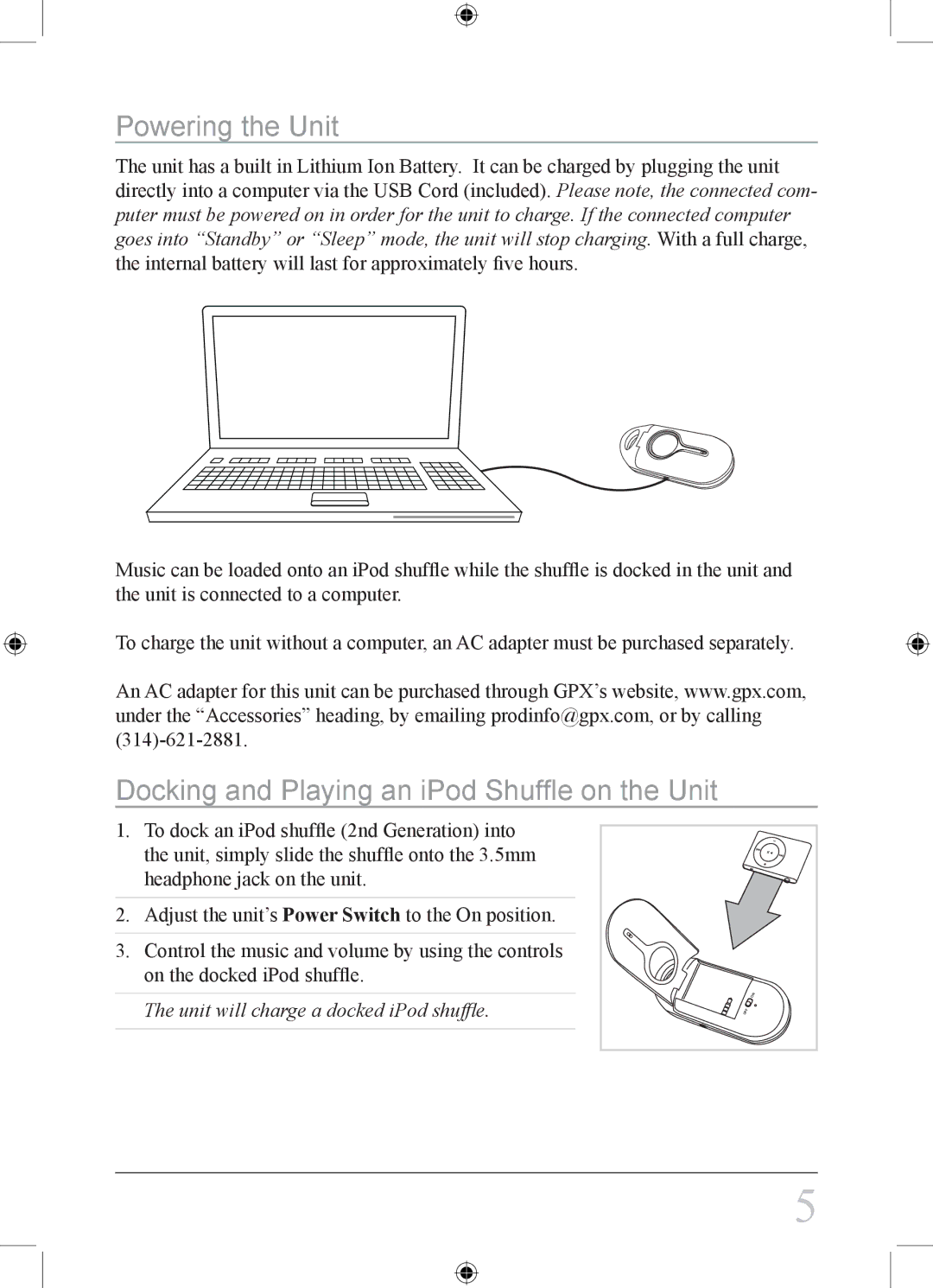 GPX SA208S, SA208TQ, SA208R, SA208PR, SA208TG Powering the Unit, Docking and Playing an iPod Shuffle on the Unit 