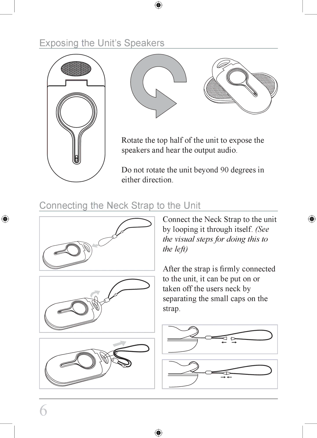 GPX SA208TQ, SA208S, SA208R, SA208PR, SA208TG Exposing the Unit’s Speakers, Connecting the Neck Strap to the Unit 