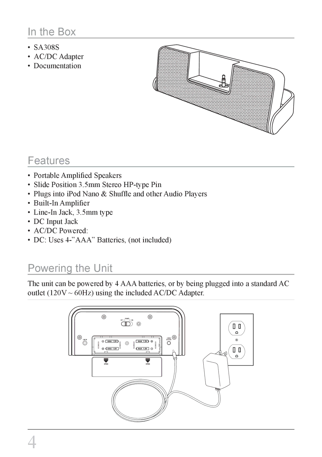 GPX SA308S instruction manual Box, Features, Powering the Unit 