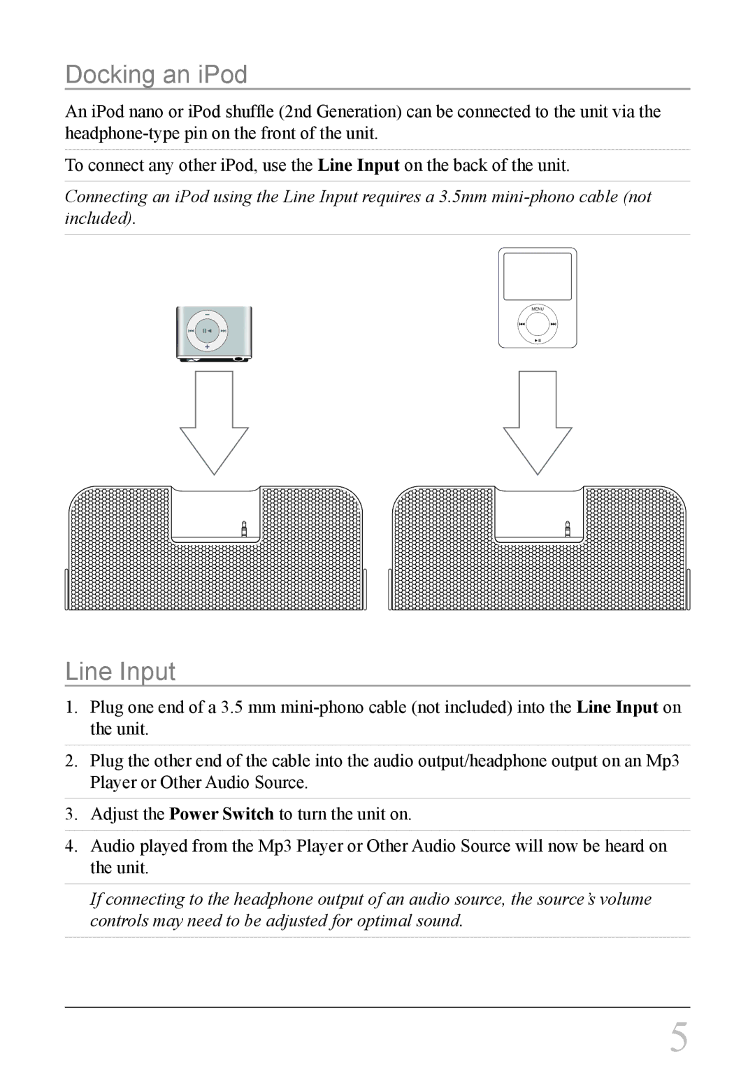 GPX SA308S instruction manual Docking an iPod, Line Input 