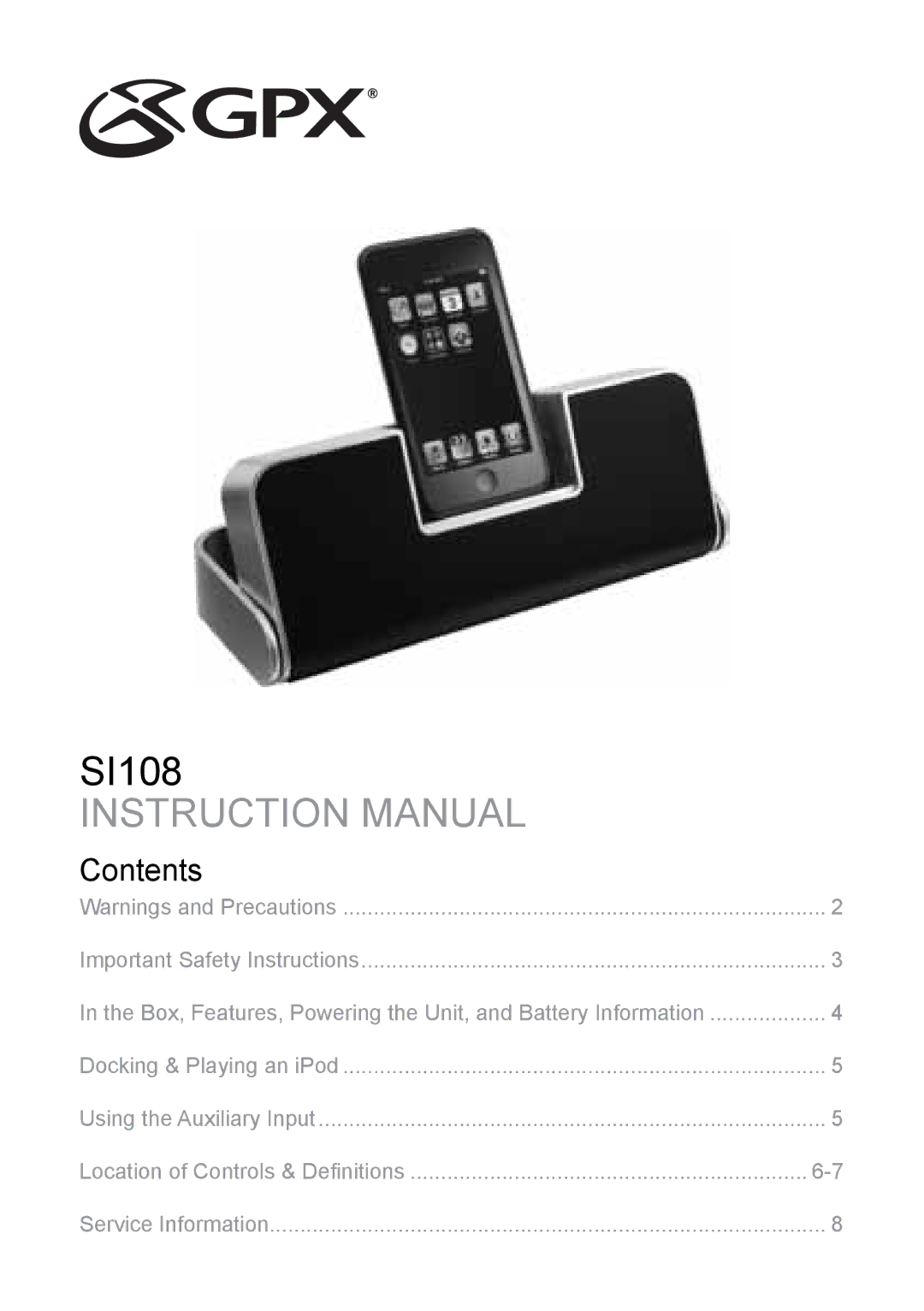 GPX SI108 instruction manual Contents 