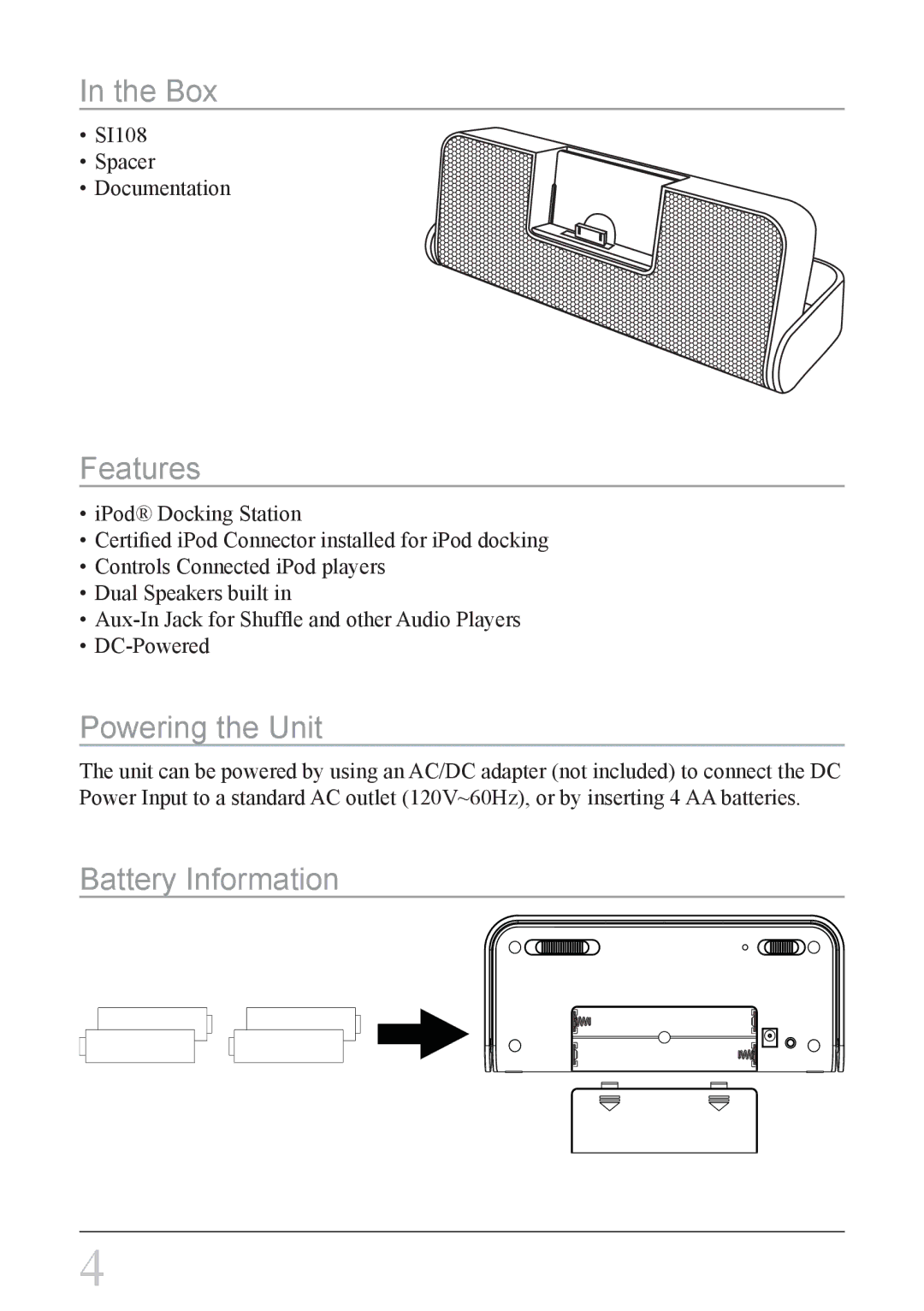 GPX SI108 instruction manual Box, Features, Powering the Unit, Battery Information 