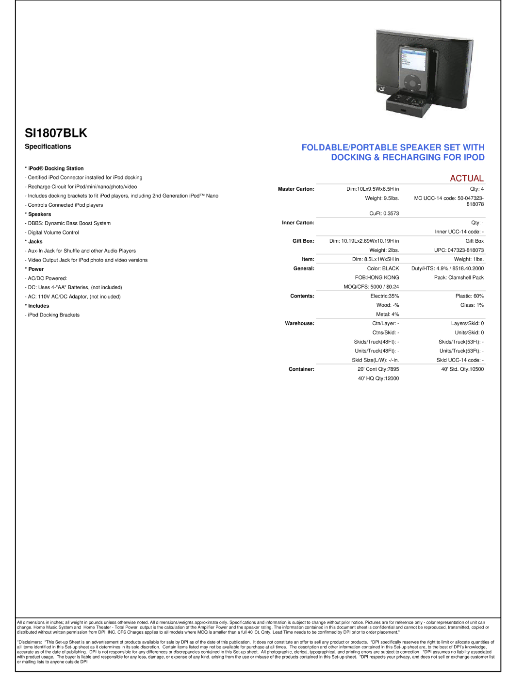 GPX manual SI1807BLK, Actual, Specifications 