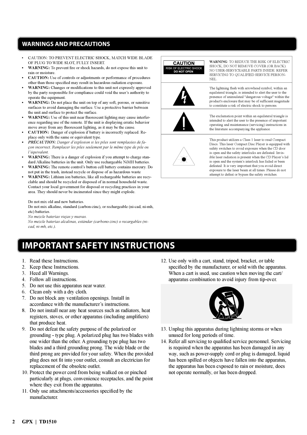 GPX manual Important Safety Instructions, GPX TD1510 