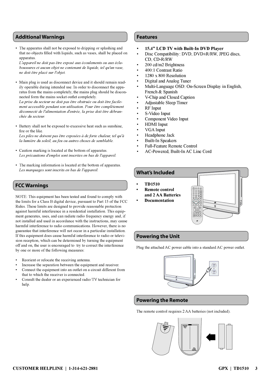 GPX TD1510 manual Additional Warnings, FCC Warnings, Features, What’s Included, Powering the Unit, Powering the Remote 